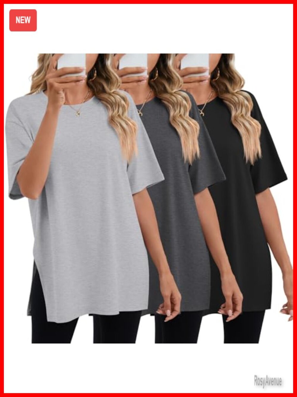 Oversized T Shirts Workout Tops 3 Pack Cotton Blend Crew Neck Short Sleeve